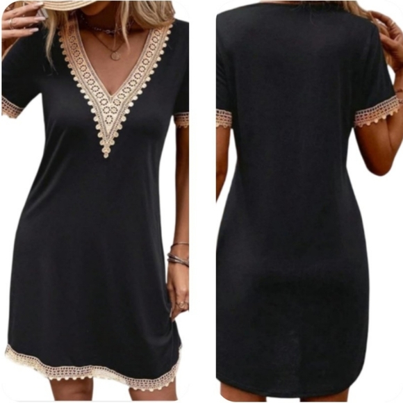 NWT Cupshe Black V-Neck Boho Lace Trim Mini Dress Beach Casual M - Picture 10 of 11
